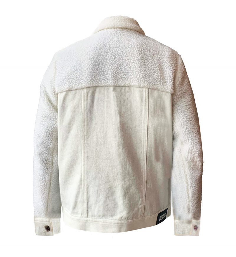 The back view of a streetwear cream jean jacket.