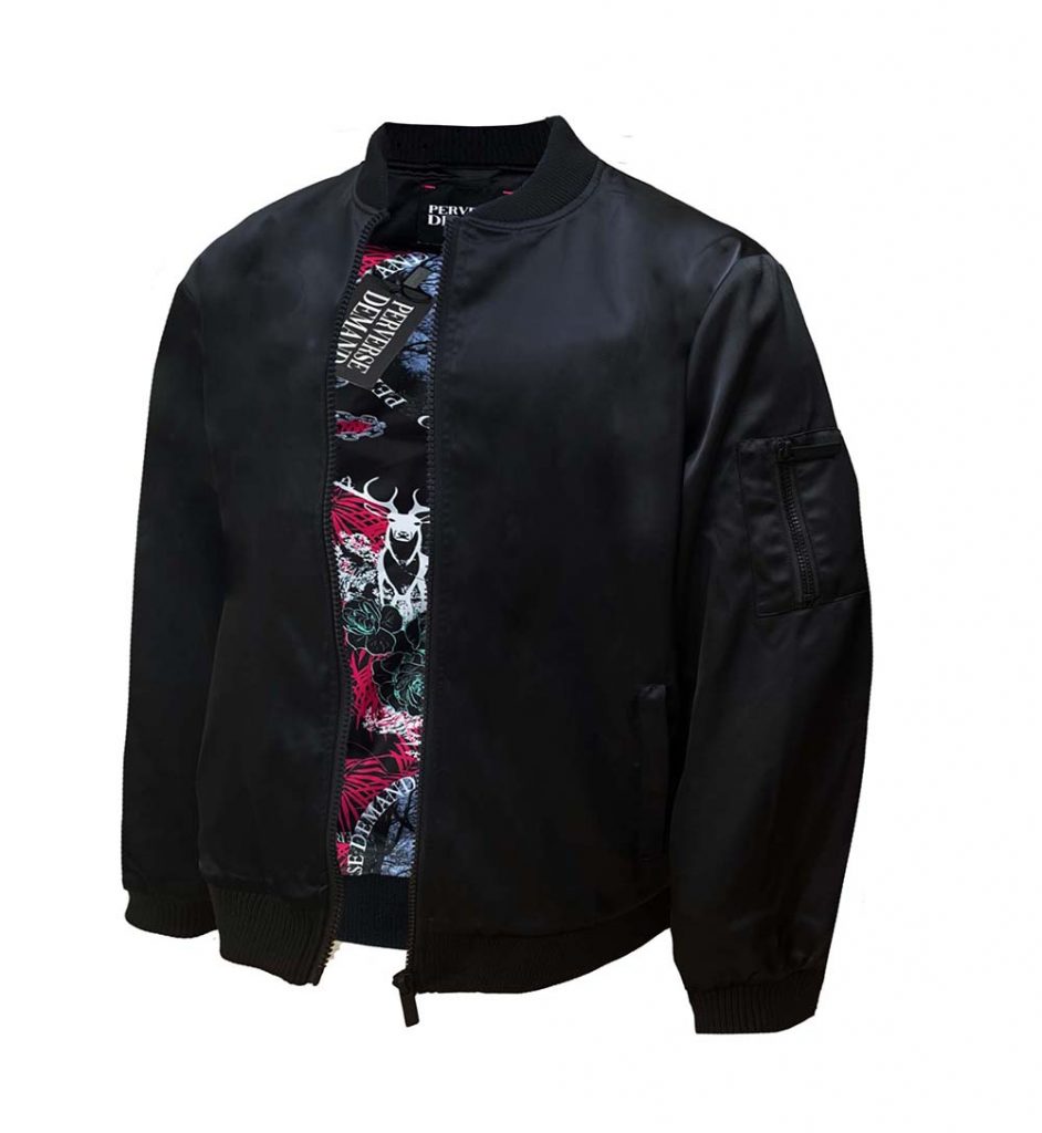 Perverse Demands Embroidered Bomber Jacket with signature Print Lining 