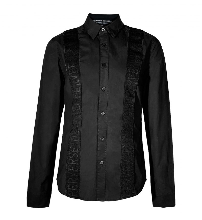 A black cotton shirt with tape detail by Perverse Demand, luxury exclusive streetwear brand